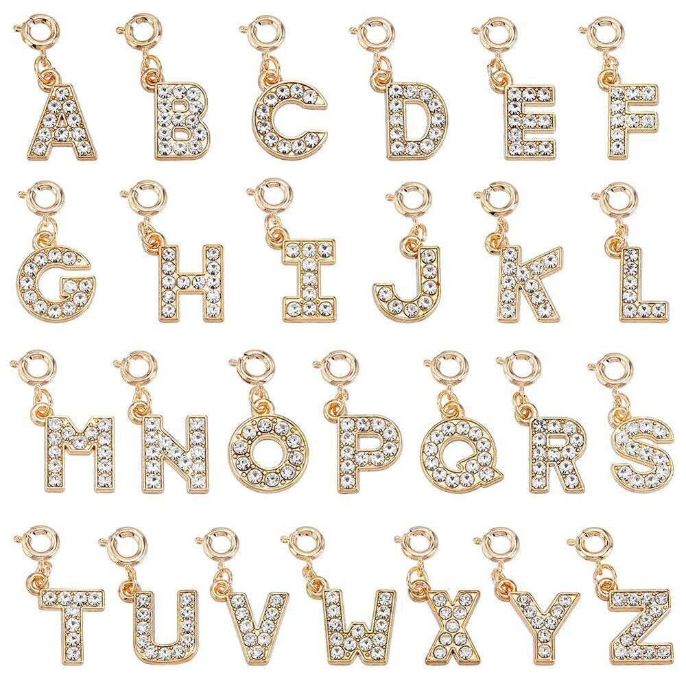 3168 26 Styles Rhinestone Golden Letters Clip on Charm, Letters Pendant
